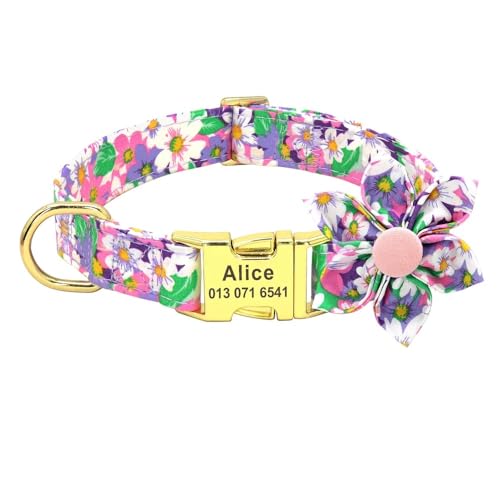 Personalisiertes Hundehalsband Und Leine-Set,Nylon-Druck,Hunde-ID-Halsbänder,Haustierleine,Gürtel,Seil,Blumenzubehör,Kleine,Mittelgroße Und Große Hunde,Lila Kragen,S von Muziner