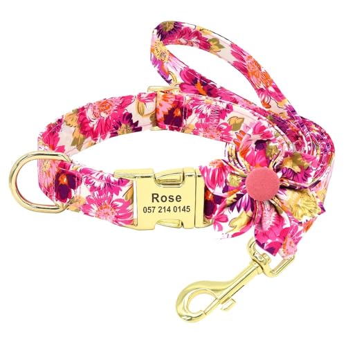 Personalisiertes Hundehalsband Und Leine-Set,Nylon-Druck,Hunde-ID-Halsbänder,Haustierleine,Gürtel,Seil,Blumenzubehör,Kleine,Mittelgroße Und Große Hunde,Rosen-Set,M von Muziner