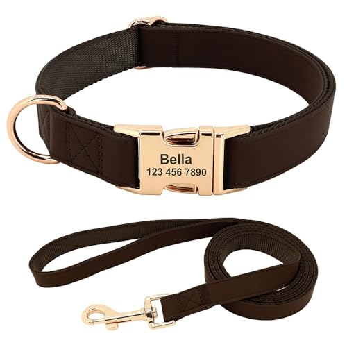 Personalisiertes Leder-Hundehalsband-Leine-Set,Individuelle Welpenhalsbänder,Verstellbare Haustier-Halskette Für Kleine,Mittelgroße Und Große Hunde,Brown,L von Muziner
