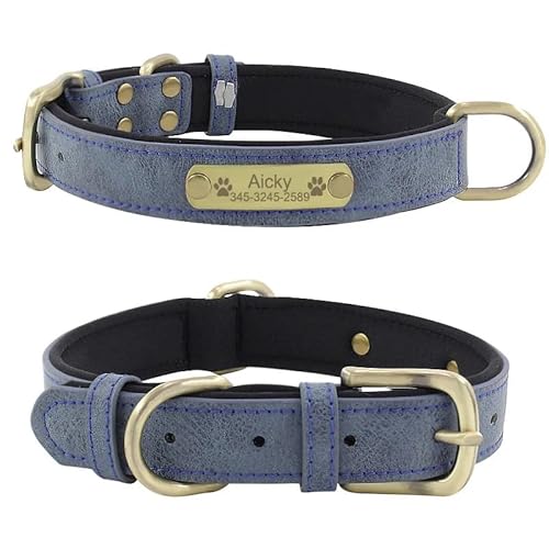 Personalisiertes Namensschild,Katzen- Und Hundehalsband,Individuell Graviertes ID-Namensschild,Weich Gepolstertes Leder-Hundehalsband Für Kleine,Mittelgroße Und Große Hunde,Blue,XS von Muziner