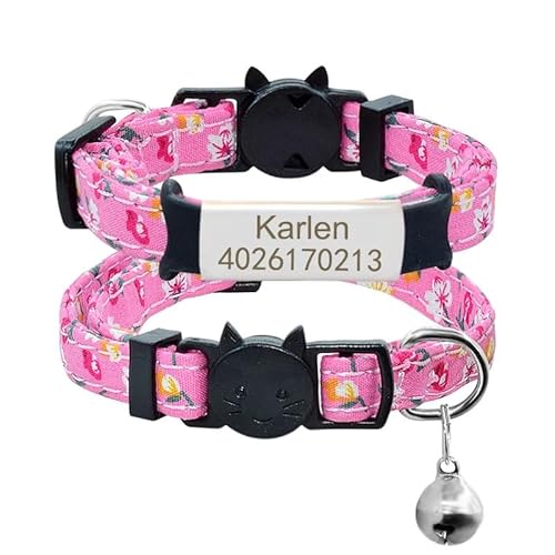 Personalisiertes Namensschild,Katzenhalsband,Glocke,Individuell Graviertes Namensschild,Sicherheits-Breakaway-Katzenhalsband,Verstellbare,Bedruckte Halsband-Halskette,Silber-Rosa,Schwarz Grün von Muziner