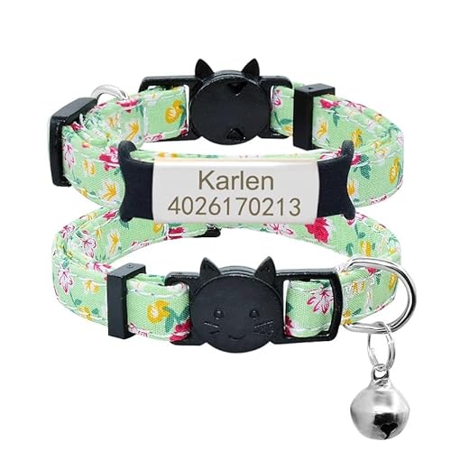 Personalisiertes Namensschild,Katzenhalsband,Glocke,Individuell Graviertes Namensschild,Sicherheits-Breakaway-Katzenhalsband,Verstellbare,Bedruckte Halsband-Halskette,Silbergrün,Schwarz Grün von Muziner