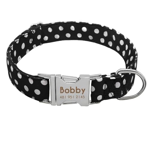 Personalisiertes Nylon-Welpen-Hundehalsband,Verstellbare Haustier-ID-Tag-Halsbänder,Tags Für Kleine,Mittelgroße Und Große Hunde,Punktmuster,Black,L von Muziner