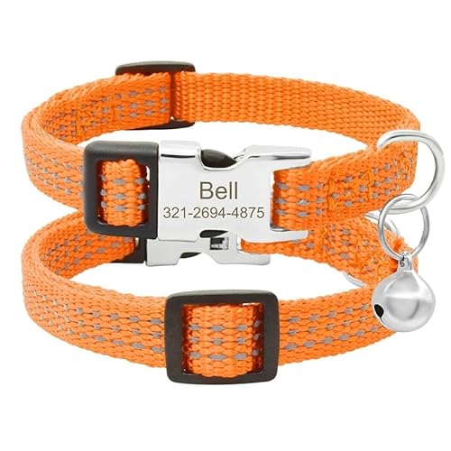 Personalisiertes Reflektierendes Katzenhalsband Aus Nylon,Sicher,Verstellbares Katzenhalsband,Glocke,Individuell Gravierte Namensschnalle,Kleines Hunde- Und Katzenhalsband,Orange,S(19cm-30cm) von Muziner