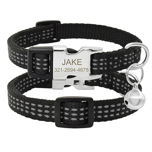 Personalisiertes Reflektierendes Katzenhalsband Aus Nylon,Sicher,Verstellbares Katzenhalsband,Glocke,Individuell Gravierte Namensschnalle,Kleines Hunde- Und Katzenhalsband,Schwarz,S(19cm-30cm) von Muziner