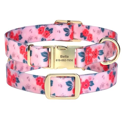 Personalisiertes Wasserdichtes Hundehalsband Mit Blumenmuster,Welpenhalsbänder,Individuelle Haustier-ID-Halsbänder Für Kleine,Mittelgroße Und Große Hunde,Chihuahua,Mops,Rosa,S von Muziner