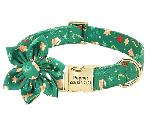 Personalisiertes Weihnachts-Hundehalsband,Niedliche Blumen-Hundehalsbänder,Gravierte Haustier-ID-Namensschild-Halskette Für Kleine,Mittelgroße Und Große Hunde,Grün,M von Muziner