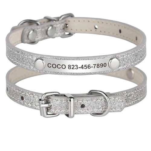 Personalisiertes Welpen-Kätzchenhalsband Für Kleine Mittelgroße Hunde Und Katzen,Individuell Verstellbares Namensschild,ID-Tag,Haustierhalsbänder,Perros,Silver,S von Muziner