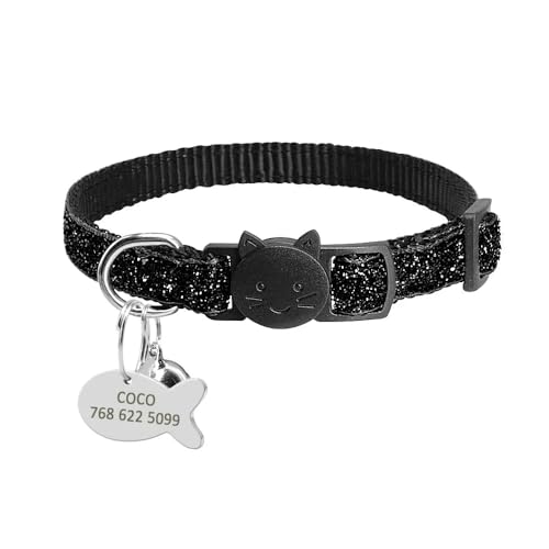 Sicherheits-Katzenhalsband,Personalisierbar,Niedliche Kätzchen-Welpenhalsbänder Mit Glocke,Namensschild,Nylon-Aufdruck,Haustier-Katzen-Halsketten-Zubehör,Schwarz,18-27cm von Muziner