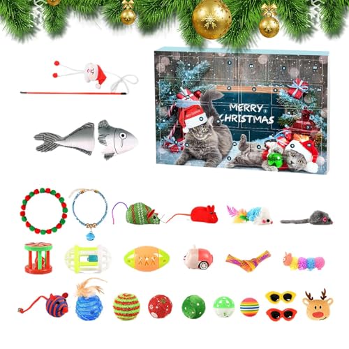 Mxshc Katzen-Adventskalender, Weihnachts-Countdown-Kalender für Katzen - Katzen Fische Fake Mäuse Bälle Spielzeug Adventskalender | Weihnachtsspielzeug, Weihnachtskatzenkalender für Katzenliebhaber, von Mxshc