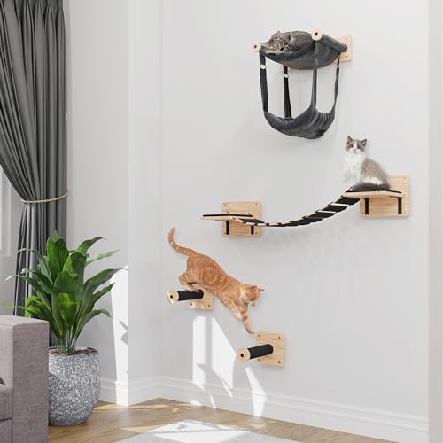 Katzen-Wandregal-Set, Katzenwandmöbel mit 2 Katzenkletterregalen, Katzenbrücke & Doppel-Katzen-Hängemattenbett, moderne Katzenregale und Sitzstangen für die Wand, perfekt für kleine bis große Kätzchen von My Animal Kingdom