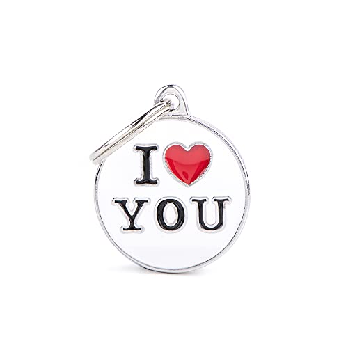 My Family Personalisierbares Namensschild für Hunde, Mittelkreis I Love You, gravierte Hundeausweisschild, Metall, von Hand emailliert, Kollektion von Charms von My Family