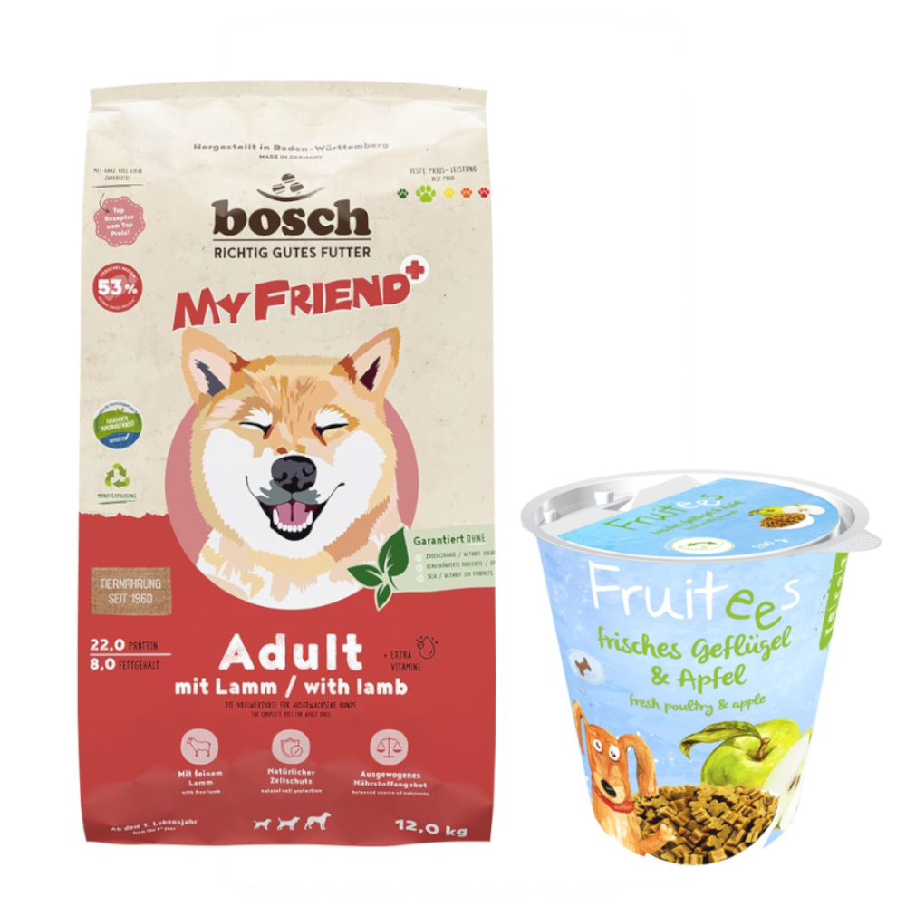 12 kg My Friend+ Dog + 200 g bosch Fruitees Snack gratis! - Adult Lamm von My Friend