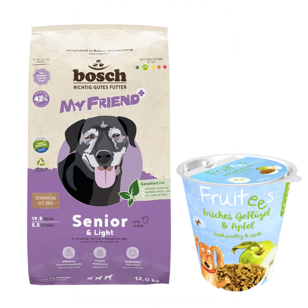 12 kg My Friend+ Dog + 200 g bosch Fruitees Snack gratis! - Senior & Light von My Friend