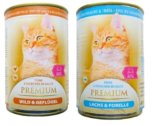 My Happy Pets Premium Katzenfutter 2 Sorten feine Stückchen in Sauce (Wild & Geflügel, Lachs & Forelle, 40 x 415g) von My Happy Pet´s