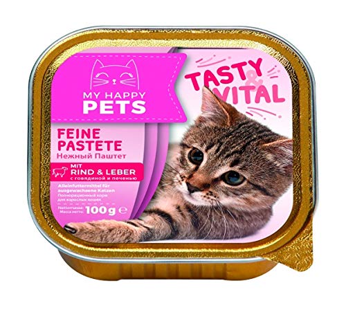 My Happy Pets 64x Katzenfutter - feine Pastete mit Rind und Leber - Alleinfutter-Mittel für ausgewachsene Katzen - Fleisch Nass-Futter - 64x100g von My Happy Pets