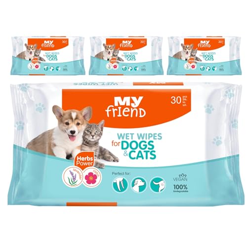 My friend Feuchttücher für Hunde und Katzen | zum Reinigen von Ohren, Pfoten und Hintern | Vegan und 100% biologisch abbaubar | zarter Lavendelduft | 4er Pack (4x30 Stück) von My friend