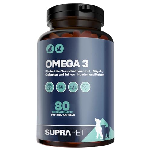 Suprapet Omega 3 für Hunde und Katzen 70% Fischöl (EPA 18%, DHA 12) und Vitamin E 80 Perlen. Natürliche Ergänzungsnahrung bei Haarausfall und Gelenken von MyLab nutrition srls