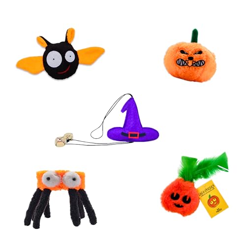 MyMeow Halloween-Katzenspielzeug-Set – Enthält Fledermaus-Plüsch, Kürbis-Plüsch, Hexenhut-Türknauf-Aufhänger mit Glocke, gruseligem Spinnenhalsband und nachfüllbarem Kürbis-Katzenminze-Spielzeug – von MyMeow