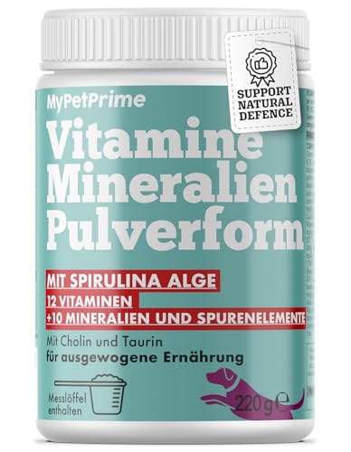 MyPetPrime Mineralische Vitamine Pulver | 12 Vitamine + 10 Mineralien und Oligomineralien | Spirulina-Algen zur Stärkung des Immunsystems | Gleicht die tägliche Ernährung und Barf aus | 220 g von MyPetPrime