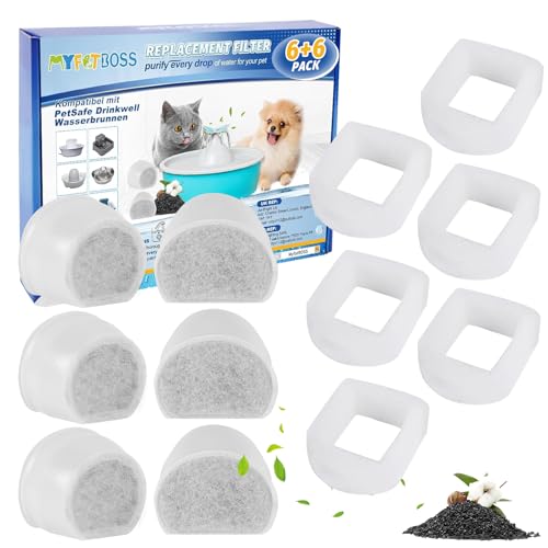 MyfatBOSS 6 Stück Schaumfilte für Drinkwell Keramik,6 Stück Ersatz-Kohlefilter für PetSafe Drinkwell 360 Edelstahl Trinkbrunnen Wasserbrunnenfilter für Avalon Pagoda für Katzen und Hunde von MyfatBOSS