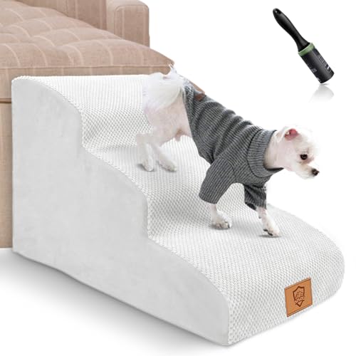 Myiosus Hundetreppe, 3-stufige rutschfeste Haustiertreppe für Sofa und Bett, hochdichter Schaumstoff-Hunderampe mit abnehmbarem waschbarem Bezug für kleine Hunde/Katzen, 60 x 40 x 40 cm, Weiß von Myiosus