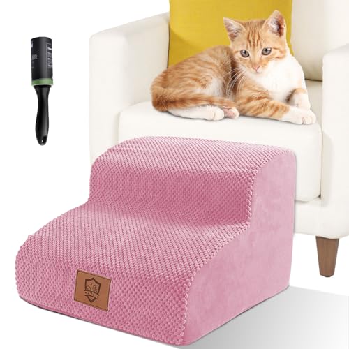 Myiosus Hundetreppe, Haustiertreppe für Sofa & Bett mit hochdichtem Schaumstoff und abnehmbarem Bezug, 2-stufige rutschfeste Hunderampe Leiter für kleine Hunde und Katzen, 40x40x30cm, Rosa von Myiosus