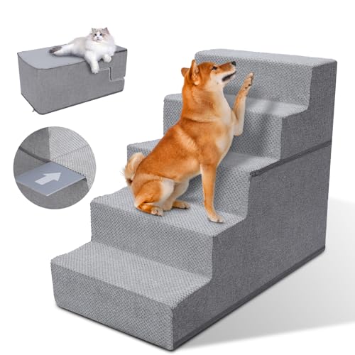 Myiosus Hundetreppe, Hundetreppe 5 Stufen, rutschfeste Hundetreppe für Kleine Hunde, Waschbar Haustiertreppe, Hunderampe aus Hochdichtem Schwamm, wasserdichte Katzentreppe für Bett, Sofa und Auto von Myiosus