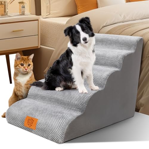 Myiosus Hundetreppe, Hundetreppe 5 Stufen, wasserdichte Hundetreppe für Kleine Hunde, Hochdichtem Schwamm Haustiertreppe, Waschbar Hunderampe, Rutschfestem Boden, Katzentreppe für Bett und Sofa von Myiosus