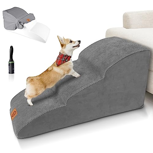 Myiosus Hundetreppe 3 Stufen, Hundetreppe für kleine Hunde, Frottee-Hundetreppe für Bett und Sofa, rutschfeste Haustierrampe mit wasserdichter waschbarer Abdeckung, Grau von Myiosus