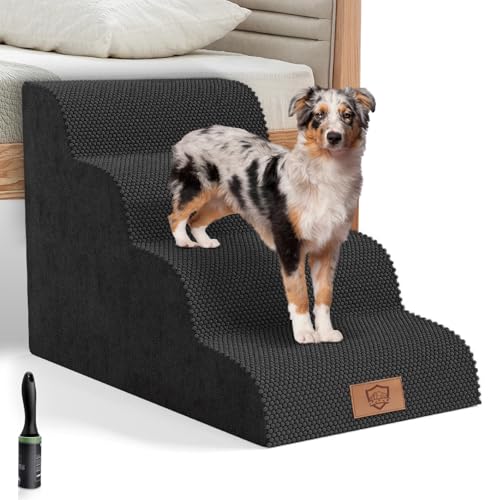 Myiosus Hundetreppe 4 Stufen, Haustiertreppe aus Schwamm, Hund Treppe mit Waschbar Bezug, Hundetreppen für Kleine Hunde und Katzen, Dog Stairs für Sofa Bett - mit 1 Fusselrollen von Myiosus