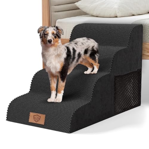 Myiosus Hundetreppe für Bett, 4 Stufen Schaumstoff Haustiertreppe mit waschbarem Plüschbezug, rutschfeste Hunderampe Leiter für kleine Hunde und Katzen, 73 x 40 x 53 cm - Fusselrolle senden von Myiosus