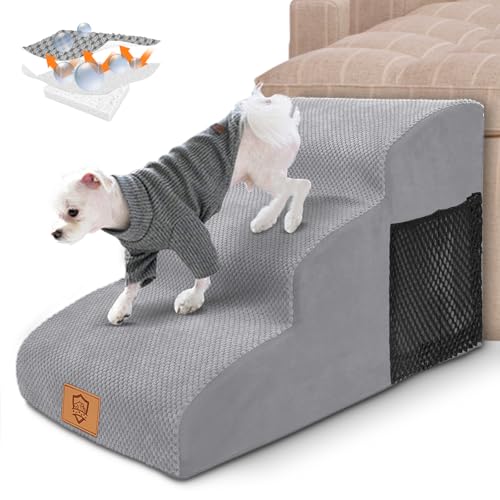 Myiosus Hundetreppe für Bett, rutschfeste Hundetreppe für kleine Hunde und Katzen, hochdichter Schaumstoff, Haustierrampelleiter mit abnehmbarem waschbarem Bezug, 3 Stufen für Hunde, um auf das Bett von Myiosus