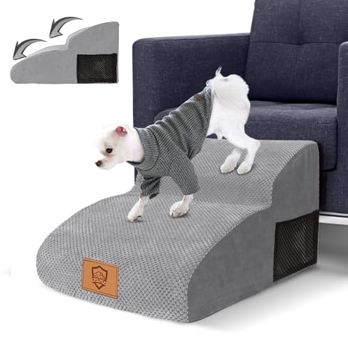 Myiosus Hundetreppe für Bett/Sofa, 2 Stufen Hochdichter Schaumstoff Haustiertreppen, Rutschfeste Haustierleiter mit waschbarem Bezug für Hunde und Katzen, Senden Sie Fusselrolle von Myiosus