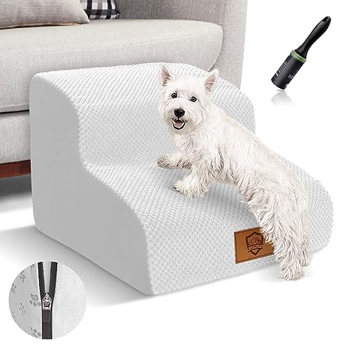 Myiosus Hundetreppe für Kleine Hunde, 2 Stufen Hunderampe für Sofa Bett, 30cm Hoch Wasserfest Haustiertreppe mit abnehmbarem waschbarem Bezug und Rutschfestem Boden, Senden Fusselrolle (Weiß von Myiosus