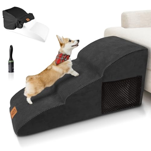 Myiosus Hundetreppe für Sofa, 3-stufige erweiterte Haustiertreppe aus Schaumstoff, rutschfeste Hunderampe für Bett mit abnehmbarem Bezug, 85x40x40cm, Schwarz von Myiosus