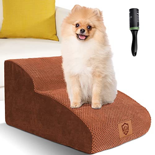 Myiosus Hundetreppe für Sofa/Bett, 2-stufige rutschfeste Hunderampe für kleine Hunde und Katzen, hochdichter Schaumstoff, Haustiertreppe mit abnehmbarem waschbarem Bezug, Braun, 55 x 40 x 30 cm von Myiosus