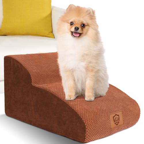 Myiosus Hundetreppe für Sofa/Bett, 2-stufige rutschfeste Hunderampe für kleine Hunde und Katzen, hochdichter Schaumstoff, Haustiertreppe mit abnehmbarem waschbarem Bezug, Braun, 55 x 40 x 30 cm von Myiosus