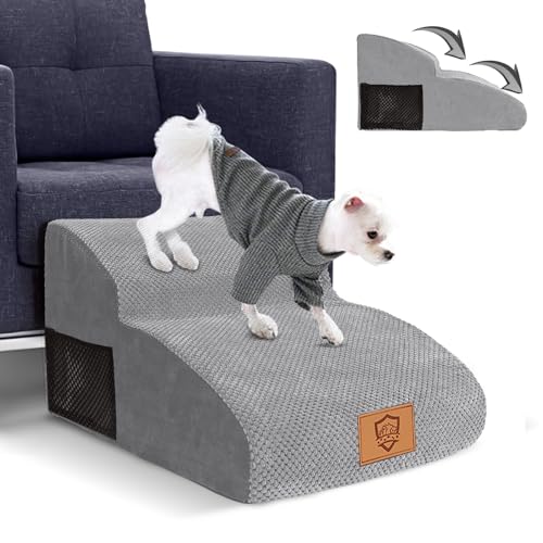 Myiosus Hundetreppe mit 2 Stufen, Rampe für Hunde, 55 x 40 x 30 cm, Tiertreppe aus Frottee für Sofa und Bett, Katzentreppe mit abnehmbarem und waschbarem Stoffbezug, grau von Myiosus