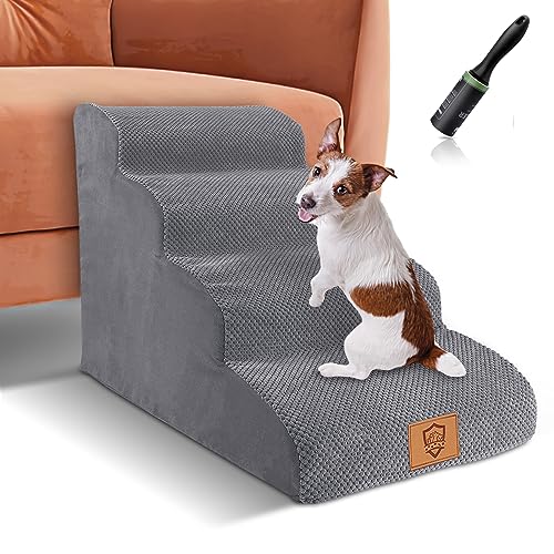 Myiosus Hundetreppe mit 4 Stufen, Leiter für kleine Hunde, Haustiertreppen aus Schaumstoff für Sofa und Bett, rutschfest, wasserdicht, waschbar, Grau, maximale Belastung 25 kg von Myiosus