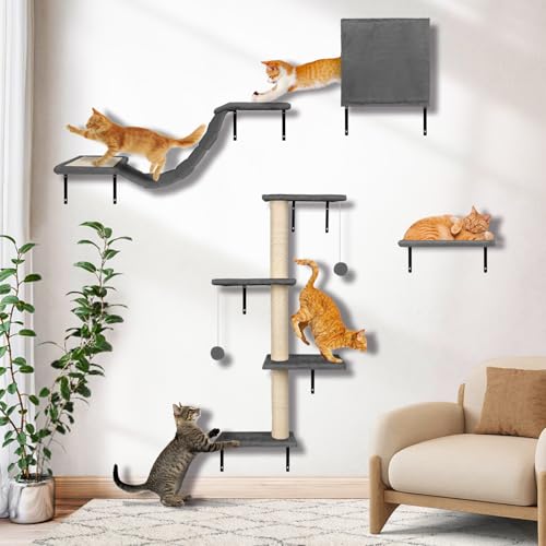 Myiosus Kletterwand Katzen, 10-teilig Katzen Kletterwand Set, Stabiles Kratzbaum Wand, Plüsch-Wandkratzbaum, Katzenmöbel mit Katzenhaus, Katzenbrücke, Kratzbaum mit Hängeball, Bequem Katzenliege von Myiosus