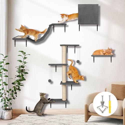 Myiosus Kletterwand Katzen, 10-teilig Katzen Kletterwand Set, Stabiles Kratzbaum Wand, Plüsch-Wandkratzbaum, Katzenmöbel mit Katzenhaus, Katzenbrücke, Kratzbaum mit Hängeball, Bequem Katzenliege von Myiosus