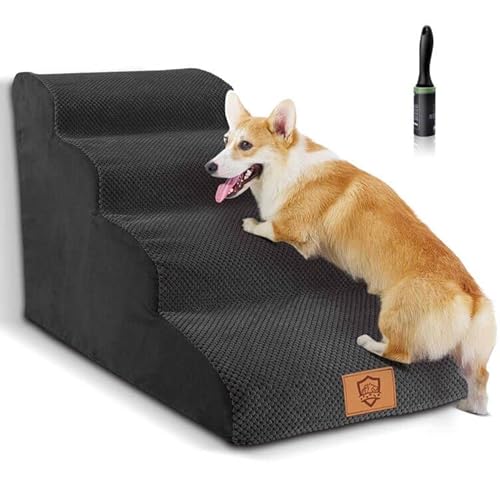 Myiosus Treppe für Hunde, 4 Stufen, Katzenrampe aus Frottee mit waschbarem Bezug, für kleine Hunde, Tiere, Betten Sofa + 1 Rolle Anti-Peluche (schwarz) von Myiosus