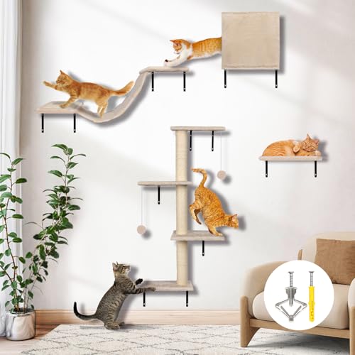 Myiosus kletterwand Katzen, Kratzbaum Wand 10-teiliges, Bequem Wandkratzbaum, Aus starken Mehrschichtplatten, Katzenmöbel mit Große Hängebrücke, Kratzsäule mit Sisal, Spielwandregal, bis 10 kg von Myiosus