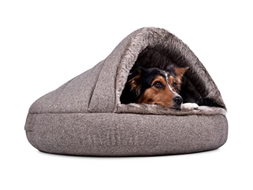 Mypado Hundebett Hundehöhle mit Dach Kuschelfell Synthetisch Grau-Beige für Hund M von Mypado