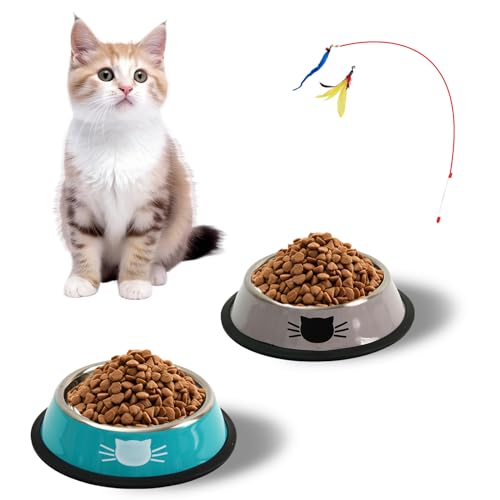 Katzennapf 2er Set + Katzenspielzeug, Futternapf Katze, Edelstahl-katzennäpfe,Katzenschüssel, Fressnapf Katze, Wasser Fütterung Schüssel, für Katzen und kleine Hundetiere (Blau + Grau) von Mythosurge