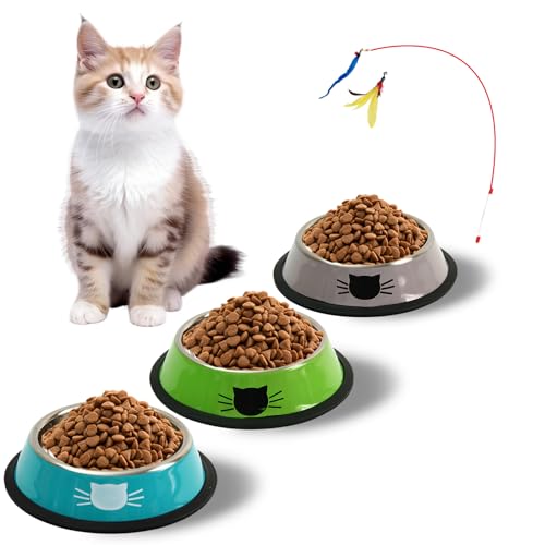 Katzennapf 3er Set + Katzenspielzeug, Futternapf Katze, Edelstahl-katzennäpfe,Katzenschüssel, Fressnapf Katze, Wasser Fütterung Schüssel, für Katzen und kleine Hundetiere (Blau + Grün + Silber) von Mythosurge