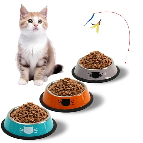 Katzennapf 3er Set + Katzenspielzeug, Futternapf Katze, Edelstahl-katzennäpfe,Katzenschüssel, Fressnapf Katze, Wasser Fütterung Schüssel, für Katzen und kleine Hundetiere (Orange + Silber + Blau) von Mythosurge