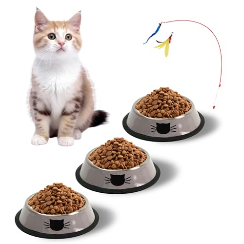 Katzennapf 3er Set + Katzenspielzeug, Futternapf Katze, Edelstahl-katzennäpfe,Katzenschüssel, Fressnapf Katze, Wasser Fütterung Schüssel, für Katzen und kleine Hundetiere (grau 3 Stück) von Mythosurge