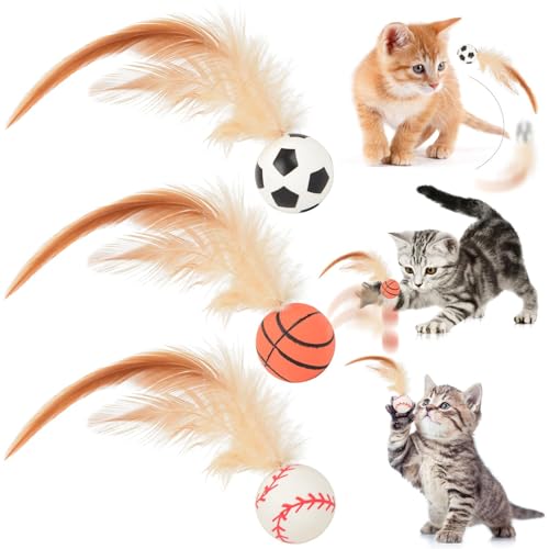 Mzzsveuy 3 x Katzenfederbälle, interaktives Federball-Spielzeug-Set für Katzen, Hüpfbälle für Katzen, interaktives Kätzchenrollen von Mzzsveuy